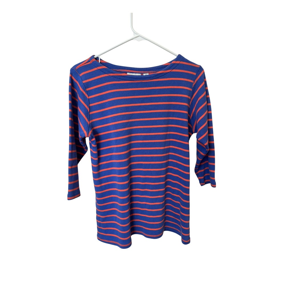L.L.Bean Womens Medium Blue Orange Striped 3/4 Sleeve Cotton Boatneck Top